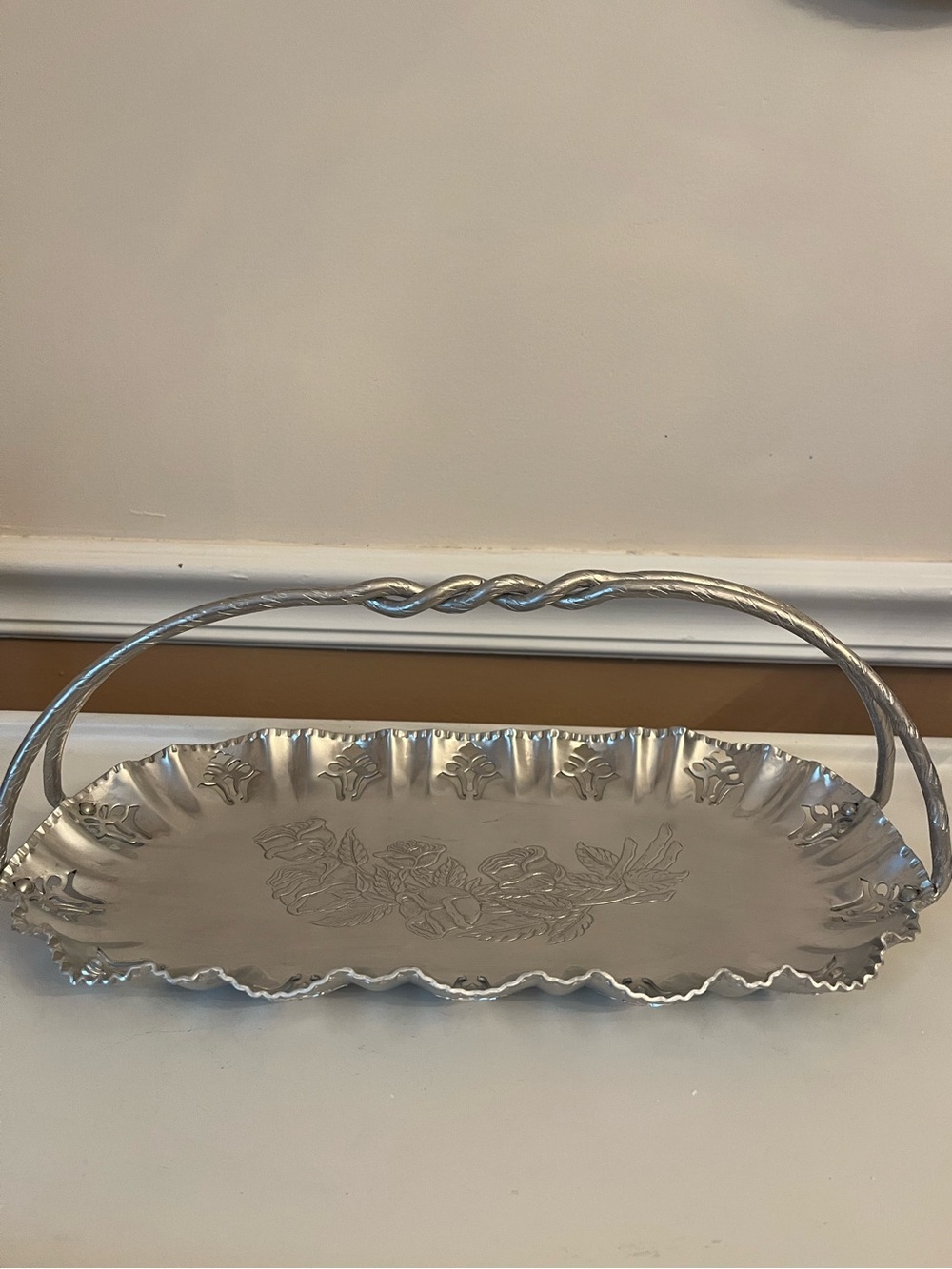 Vintage Floral Hand Wrought Aluminum Serving Tray